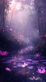 Enchanted lotus creek glows beneath ethereal violet light