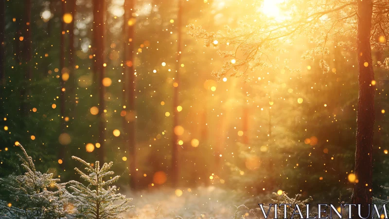 Golden sunlight through frost-covered forest with bokeh particles