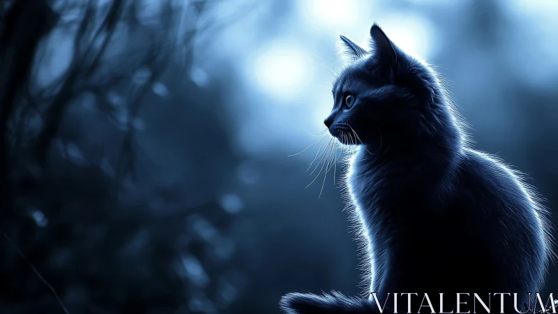 Solitary Black Cat Silhouetted Against Luminous Blue Forest