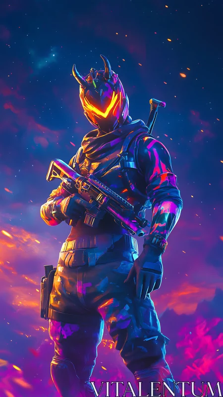 Neon inferno warrior pauses mid-battle beneath cosmic sparks