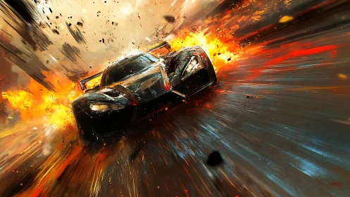 Dynamic digital painting of racing car in explosive motion.
