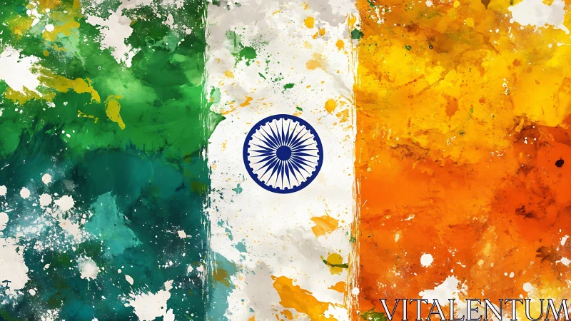 Tricolour pigment field with radial Ashoka Chakra emblem centered.