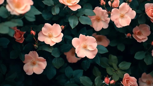 Peach Garden Roses: Layered Floral Composition with Dark Foliage.