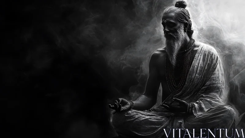 Meditative sage sits in swirling smoke and sacred silence