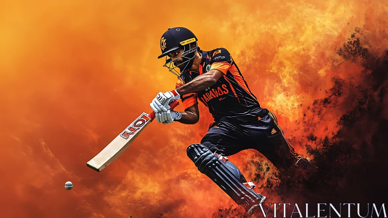 Cricket striker carving fire through a storm of orange dust.