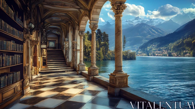 Lakeside marble library veranda overlooking storybook peaks.