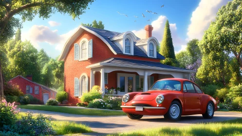 Sunny red cottage and cheerful vintage car at home.