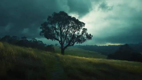 Solitary tree under storm-laden sky with directional rim lighting