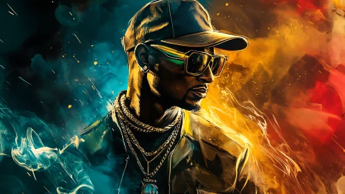 Digital portrait of man in cap with dual-tone abstract backdrop.