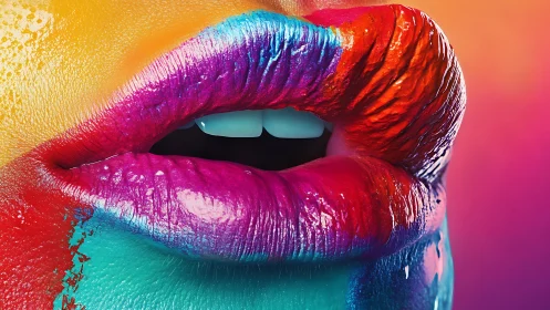 Macro-rendered glossy lips display multicolor gradient surface mapping