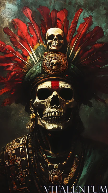 Regal skeletal warrior in feathered headdress and gold regalia.