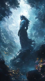 Blue-skinned warrior deity stands in misty ravine under diffused light