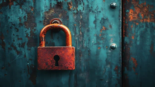 Rust-bright padlock leans like a stubborn heart on teal steel
