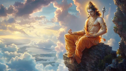 Divine yogi meditating on cliff amid luminous cloudscape