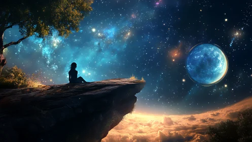 Stargazing figure on cliff above luminous cloud horizon.