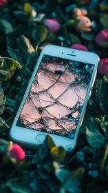 Smartphone with shattered screen lying in garden foliage.