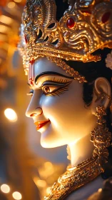 Side profile shows ornate deity statue in focused lighting