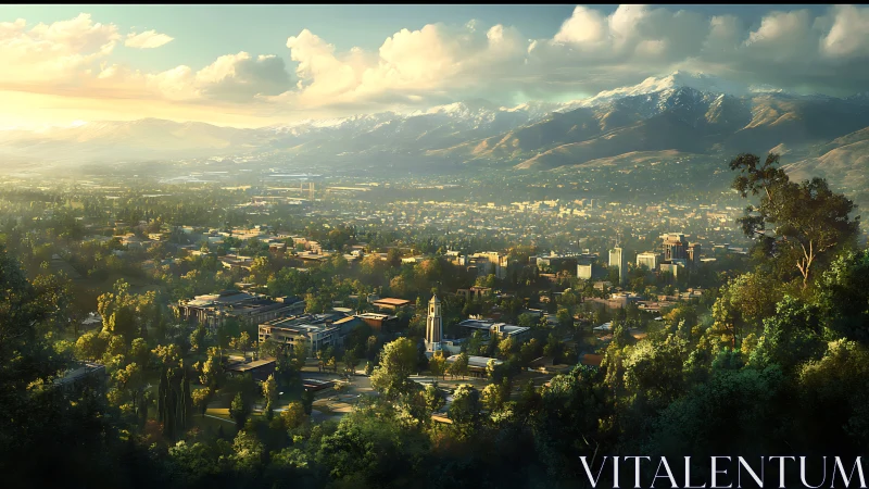 Sunlit valley city nestled below soft snowcapped mountains.