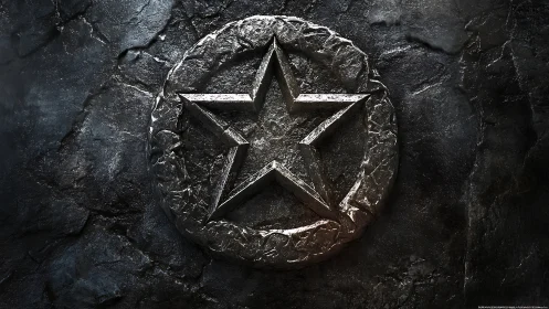 Metallic star emblem carved into rough dark stone wall.