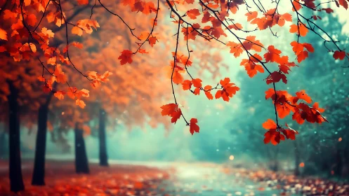 Autumn maple canopy frames a misty forest pathway scene