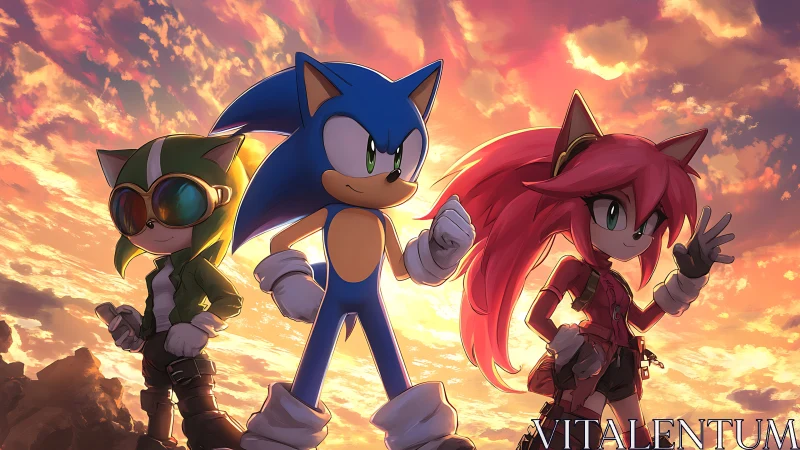 Tri-heroic Sonic-style silhouettes under volumetric sunset sky.