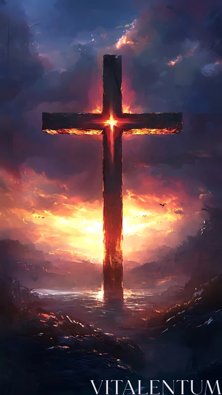 Luminous stone cross over reflective water at incendiary sunset