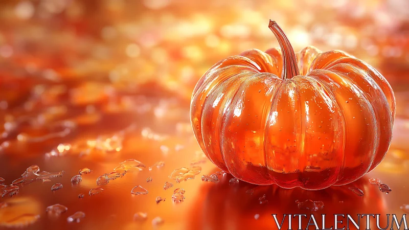 Refractive glass pumpkin under volumetric autumnal lighting.