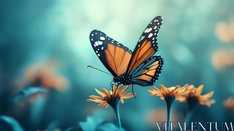 Orange butterfly on yellow flowers in soft teal light.