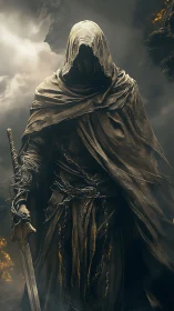 Dark fantasy wraith warrior in tattered cloaked silhouette.