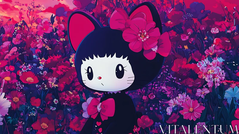 Cartoon black cat character in dense pink flower field.