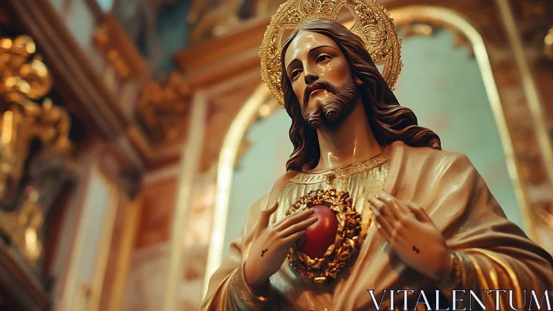 Sacred Heart statue glows under warm cathedral light.