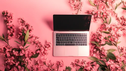 Rose-gold laptop rests amid pink blossoms on pastel background.