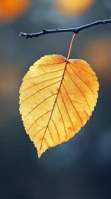 Single yellow leaf on twig against soft blue background.