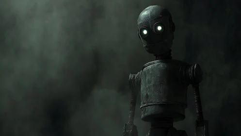 Oxidized cylindrical robot in volumetric fog illumination.