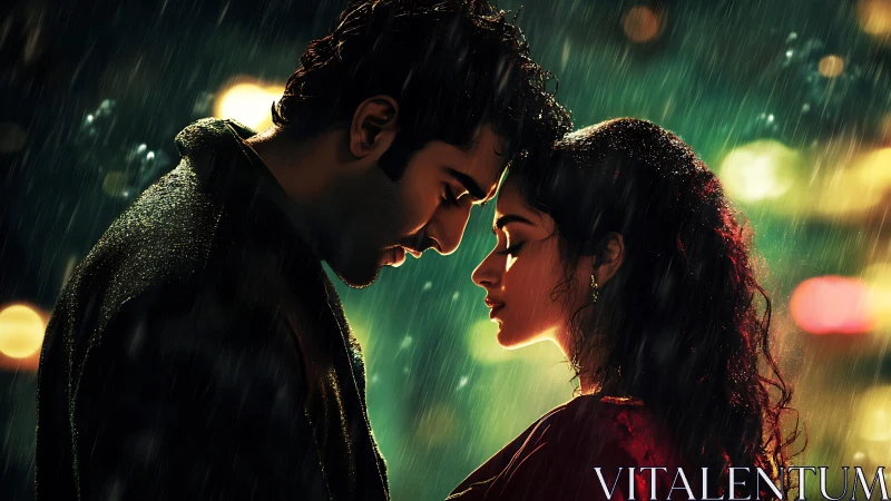 Two figures positioned face-to-face in rain with ambient lighting.