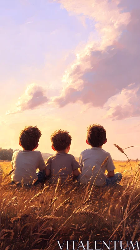 Three children sitting in golden wheat field at sunset.