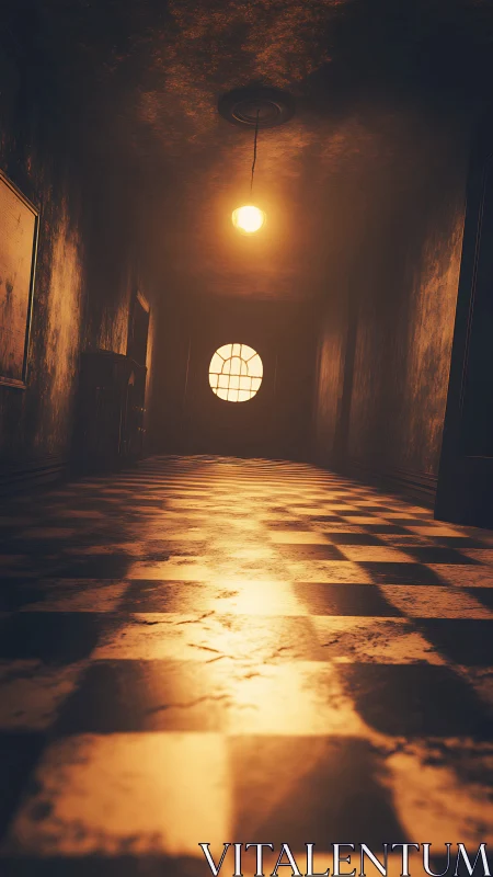 Cinematic low-angle view of decayed corridor with warm volumetric lighting