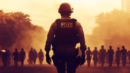 Police officer in tactical gear on hazy urban street.