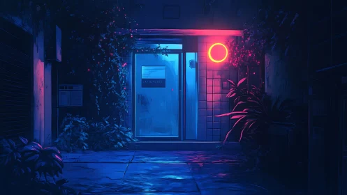 Neon moon doorway soaking a lonely cyber garden in blue hush.