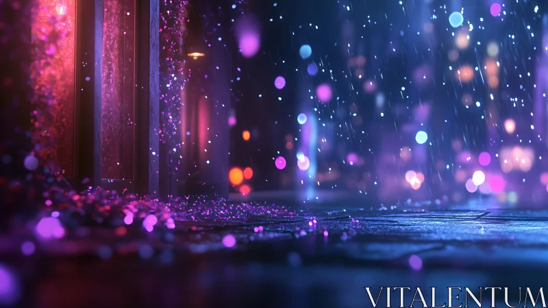 Neon lit wet pavement with rain and blurred city lights.