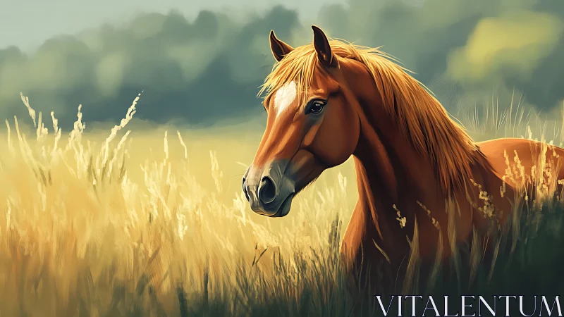 Chestnut horse rendered with soft-focus depth in sunlit grassland