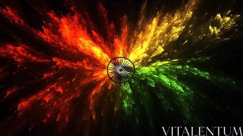 Radial tricolor burst with central spoked wheel motif.