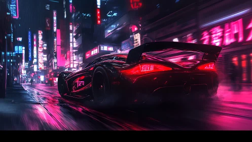 Ultra-low angle cyberpunk hypercar accelerates through neon rain