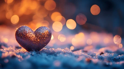 Glittering heart glows warmly against frosty winter bokeh.