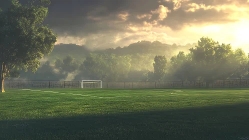 Sunlit soccer field bordered by trees and distant hills.