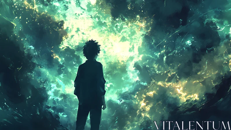 Silhouetted figure observing luminous abstract sky field.