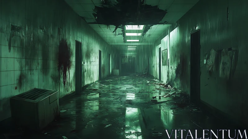 Abandoned green hospital corridor wrapped in eerie quiet.