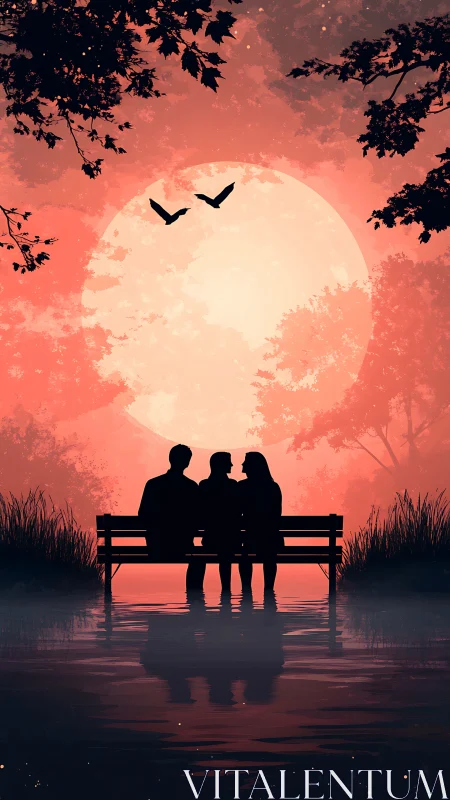 Three Figures on Bench Beneath Giant Sunset Moon.