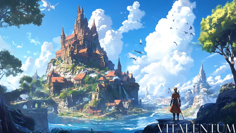 Wandering hero gazes toward a sunlit cliffside citadel.