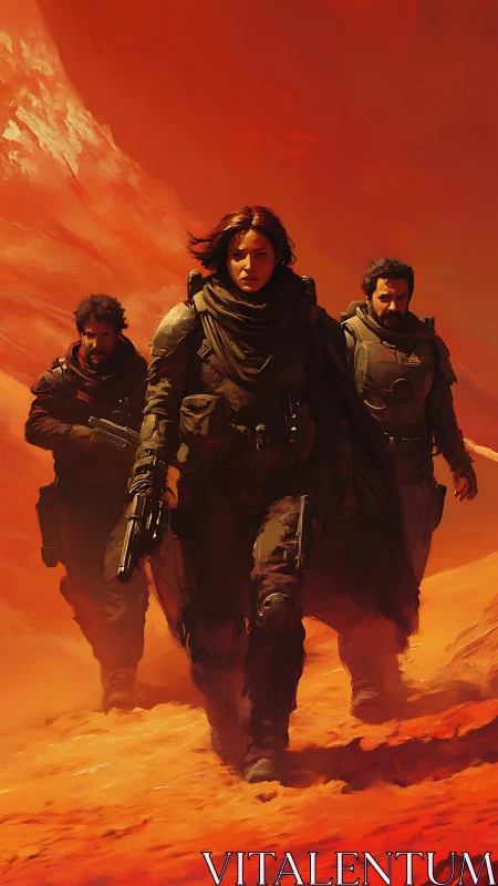 Storm-worn desert squad strides through ember-tinted chaos.